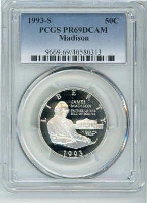 1993S JAMES MADISON COMMEMORATIVE HALF DOLLAR PCGS PR69DCAM Cert. 40580313 - Image 1 of 2
