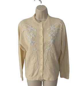 Vintage Beaumonde Beaded Cardigan Sweater Lambswool Blend Ivory Color Womens Lg - Picture 1 of 10