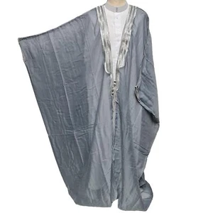 Men's Arabian Silver Border Bisht Cloak Arab Dress Thobe Islam Robe Eid - Picture 1 of 27