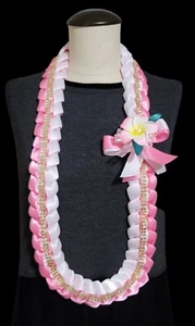 Pink, White & Gold Satin Braided Ribbon Graduation Lei w/ Flowers 2025 New - Picture 1 of 2