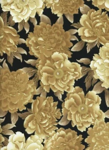 Flowers on Black 1 Fat Quarter cotton fabric quilt quilting sewing floral Lotus - Picture 1 of 1