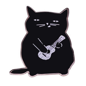 Cartoon Cute Fat Black Cat Playing Ukulele Guitar Metal Enamel Badge Brooch Pin