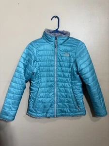 The North Face Girls L Size 14 Reversible Mossbud Swirl Jacket Teal Gray Snow - Picture 1 of 6