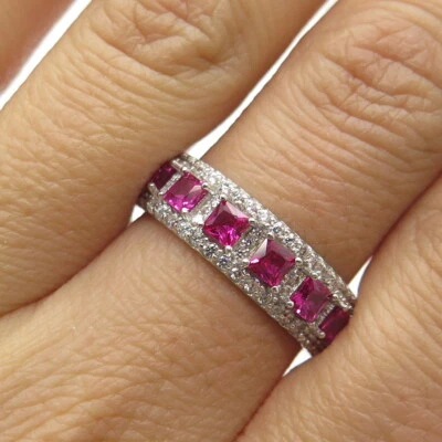 925 Sterling Silver Lab-Created Pink Sapphire & C Z Band Ring Size 9.25 - Image 1 of 4