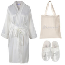 Crystal Bridesmaid Satin Bathrobe+Tote Bag+Spa Slippers set Kimono Dressing gown