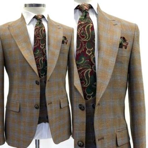Traje turco para hombre 3 piezas calce ajustado bronceado y azul a cuadros color moda - Imagen 1 de 7