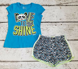 JUSTICE 10 Girls Teal Blue Panda Love To Shine Tee and Athletic Shorts  EUC
