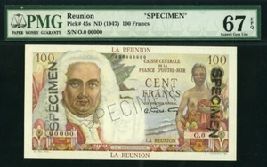 Reunion 1947 100 Francs P45s Specimen PMG 67 EPQ Superb GEM UNC - Picture 1 of 2