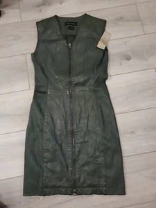 BNWT Tony Cohen Khaki Green Genuine Real Leather Fitted Dress Size 10 - Picture 1 of 24