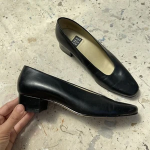 Vintage Black Leather 9 West Heels Square Cut Silhouette Sz 7 Modern Minimalist - Picture 1 of 4