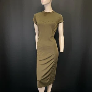 H&M Fitted Olive Green Midi Dress | Size L | Bodycon Short Sleeve Casual Chic - Picture 1 of 10