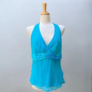 De Colección Y2K Seda Halter Top Med/LG Azul Babydoll Cinta Gasa Cuello en V Coqueta - Imagen 1 de 12