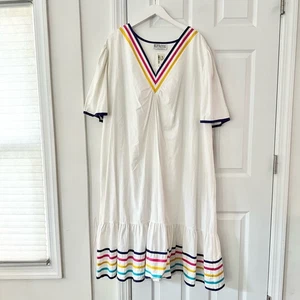 Kittens USA Cotton White Colorful Ribbon Trim V Neck Trapeze Dress 2X Ric Rac - Picture 1 of 11