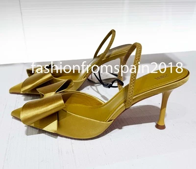 ZARA NEW WOMAN SATIN-EFFECT SLINGBACK HEELS BOW MUSTARD YELLOW   2208/610/305 - Image 1 of 4