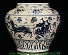 Old Tang Dynasty Blue White Porcelain Horse Pull Car Beauty Belle Jar Pot Crock