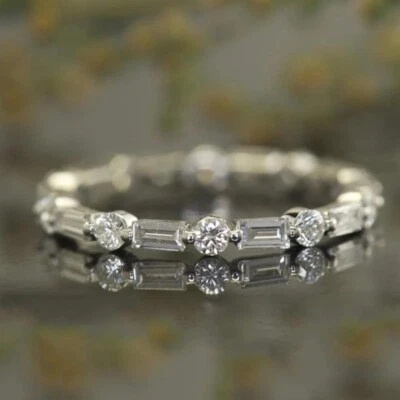 1.02CTW Round Baguette Moissanite Prong Eternity Band Ring 14k White Gold Plated - Image 1 of 4