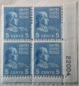 1938 US Stamp 5 cent/5c Scott #810 James Monroe, Plate # 22004 (x4) MNH Env#1 - Picture 1 of 2