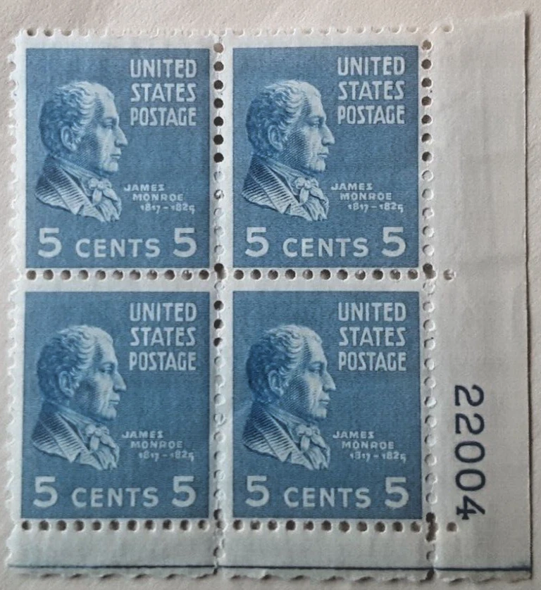 1938 US Stamp 5 cent/5c Scott #810 James Monroe, Plate # 22004 (x4) MNH Env#1 - Image 1 of 2