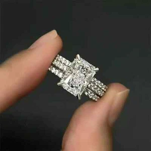 Trio Set Moissanite Engagemement Ring Solid 14K White Gold 3 Carat Radiant Cut - Picture 1 of 6