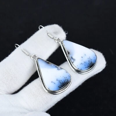 Naturale Dendrite Opale Gemma Orecchini 925 Argento Sterling Massiccio Gioielli - Immagine 1 di 4