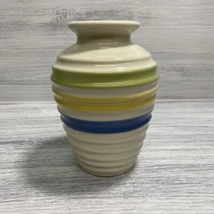 Decorative Vase Green Yellow Blue Ring Pottery Style Vase 10” - Picture 1 of 8