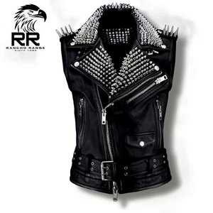 Handmade Black Punk Leather Vest | Long Spiked & Silver Studded Men's Jacket - Picture 1 of 3