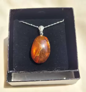 Natural Oval Amber 925 Sterling Silver Necklace 17" Braided Chain Made in Italy - Picture 1 of 12