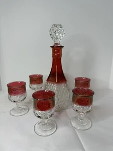 Ruby Red Diamond Point Decanter Wine Bottle Stopper Thumb Print Indiana Glasses - Picture 1 of 18