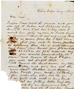 Carta universitaria Williams 1845 Ross H. McClellan a Sarah Sutherland amor y chismes - Imagen 1 de 2