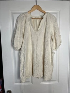 ZARA Cream JACQUARD DRESS With BELT Summer PUFF SLEEVE - Large UK 12 14 - Picture 1 of 5