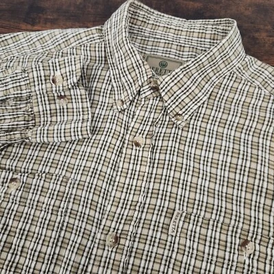Camisa Beretta Para Hombre Grande Abotonada Manga Larga Tostado Beige Bolsillo Exterior Cuadros Foto 1 de 4