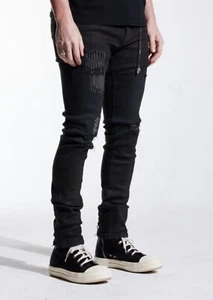 En Noir Men's Vicious Black Rip & Repair Distressed Skinny Fit Denim Jeans - Imagen 1 de 3