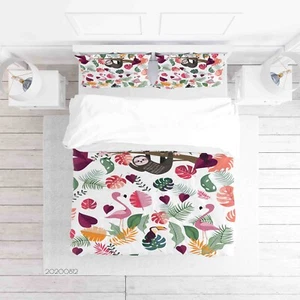 3D Flamingos Parrots Leaves Pink Quilt Cover Set Duvet Cover Bedding Pillowcases - Picture 1 of 6