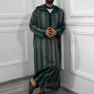 Moroccan Men Hooded Jilbab Jubba Thobe Djellaba Kaftan Islamic Dress - Picture 1 of 8