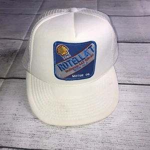 Chapeau camionneur vintage années 90 Shell Oil Rotella T maille grand patch blanc corde billet excellent état - Photo 1/7