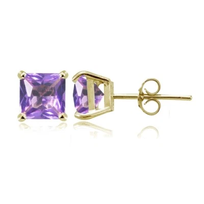 Yellow Gold Flashed 925 Silver Simulated Amethyst 6mm Princess-cut Stud Earrings - Image 1 of 4