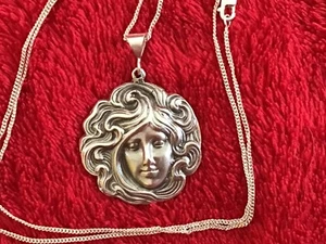 "Collar de plata esterlina Art Nouveau renacimiento camafeo colgante botón antiguo 18""" - Imagen 1 de 5