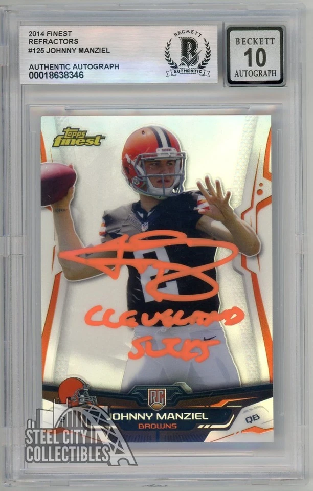 Johnny Manziel 2014 Topps Finest RC Refractor Auto "Cleveland Sucks" Card BAS 10 - Image 1 of 1