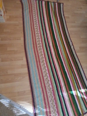 Vintage Hand Crocheted Afghan Multicolor Stripes Blanket Bed Cover/ Sofa Throw  - Image 1 of 4
