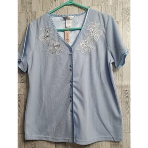 Charmour Women Blue P.J. Top Size medium Embroidery Sequins Ribbon Satin Buttons - Picture 1 of 13
