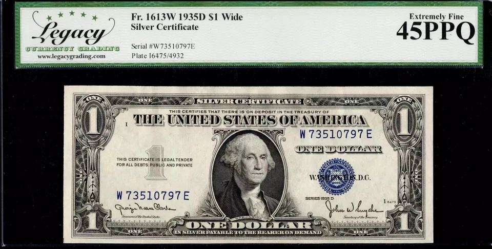 $1 1935-D Silver Certificate Fr.1613W WIDE W-E Block BP# 4932 LCGS EF 45PPQ - Image 1 of 1
