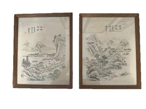 Antique Pair Silk Chinese ASIAN SEASCAPE MOUNTAIN Painting Poem Shan Shui Frame - Picture 1 of 21