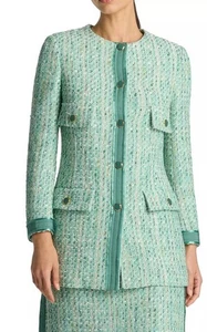 1999 $ St. John Tweed-Sakko mit Ripsband und Metallic-Besatz Größe 4 Frühling 24 - Bild 1 von 14