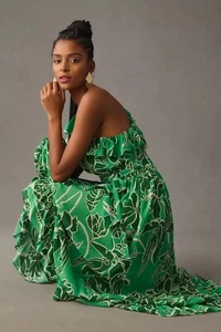 Nuevo Vestido Farm Rio x Anthropologie Estampado Un Hombro Volantes Verde SP - Imagen 1 de 8