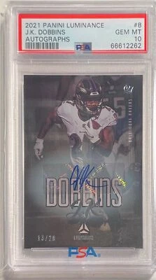 J.K. DOBBINS 2021 PANINI LUMINANCE AUTO #D 13/20 PSA 10 GEM MINT POP 1/1 - Image 1 of 2
