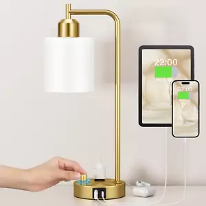 Gold Lamp for Bedroom - Industrial Bedside Table Lamp with USB Port and Outlet, - Picture 1 of 8