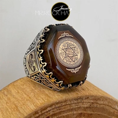 Seal of King Solomon,Brown Amber Stone,Handmade Engraving,925K Silver Men's Ring - Image 1 of 4