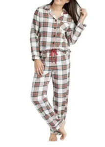 Women’s WonderShop 2 Pc Flannel Sleep Set Cream Tartan Plaid Size 4X - Picture 1 of 6