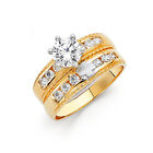 Women 14k 2 Tone Gold Cross Round CZ Wedding Bridal Set Engagement Ring Band Her