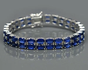 Natural Himalayan Kyanite Gemstone 925 Sterling Silver Two Line Tennis Bracelet  - Picture 1 of 8